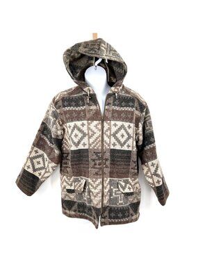 VINTAGE WOOLRICH HOODED ZIP WOOL BLEND GEOMETRIC SHAPE BROWN BEIGE JACKET - M